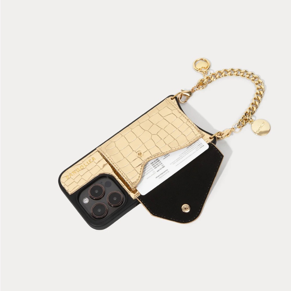 Gold Croc-Embossed Phone Case with Chain